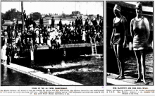 Feb 1921 - Finish of the 100 yard world record swim  at the Domain Baths  by  Miss Ethelda Bleibtrey (USA) with Minna Wiley second. Minna swam with the Eastern Suburbs Ladies Swimming Club at Bronte Pool